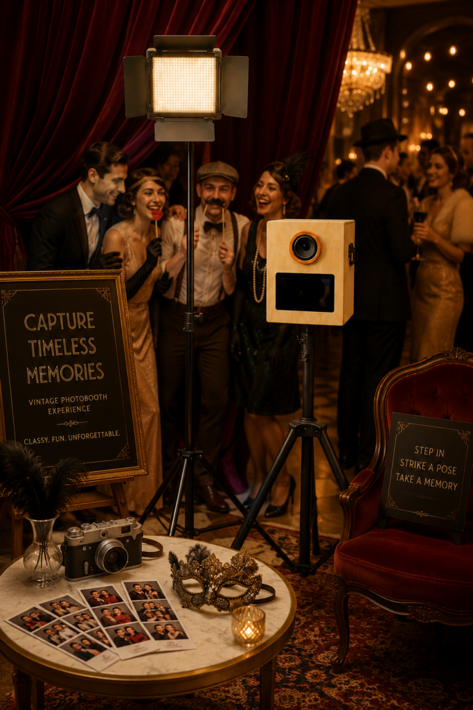 Group of friends in vintage attire posing by a retro photobooth at a glamorous, warmly lit party.